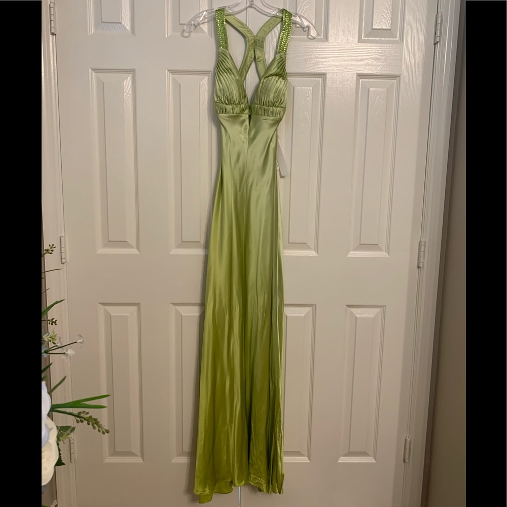 Aidan Mattox Niteline charmeuse green ombré sequin crossback silk padded dress